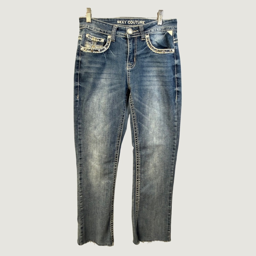 Sexy Couture Women Blue Embellished Raw Hem Jeans Medium Wash Y2K Cross Studded
